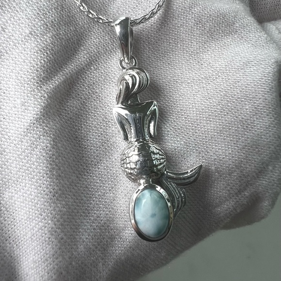 .925 Sterling Silver Natural Larimar Mermaid Silhouette Becklace - Picture 6 of 16
